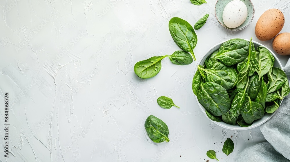 Obraz premium fresh spinach leaves in a small bowl, with salt and pepper next to it, eggs in the back right, and cream cheese on a little brown plate at the top right, all against a white background.