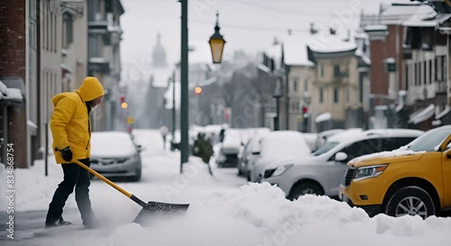 Man removing snow with shovel on the street. photo