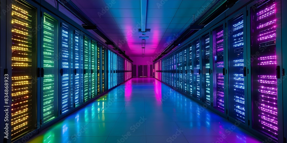 Vibrant LED lights brighten a data center server rack in a network room. Concept LED Lights, Data Center, Server Rack, Network Room, Technology Landscape Vibrant LED lights brighten a data center server rack in a network room. Concept LED Lights, Data Center, Server Rack, Network Room, Technology Landscape