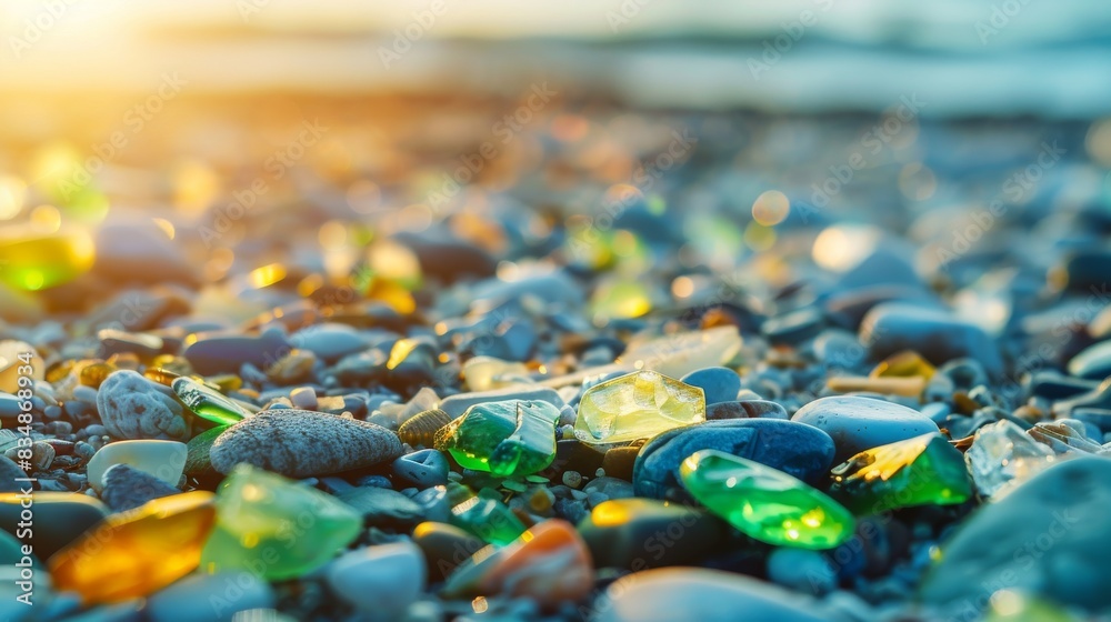 Fototapeta premium Beautiful sea glass gems on a beach, colorful beach treasures. Green, blue, and other vibrant sea glass colors with smooth textures.