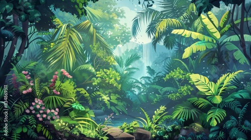 Fototapeta Naklejka Na Ścianę i Meble -  Whimsical Amazon rainforest illustration with fantastical creatures.
