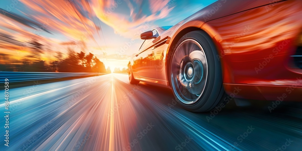 Car speeding on road at sunset low angle shot emphasizing motion. Concept Sunset Drive, Speeding Car, Motion Blur, Low Angle Shot, Dynamic Scene Car speeding on road at sunset low angle shot emphasizing motion. Concept Sunset Drive, Speeding Car, Motion Blur, Low Angle Shot, Dynamic Scene