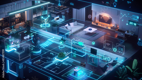 Smart home digital interface displaying various connected devices and systems in a futuristic indoor environment.