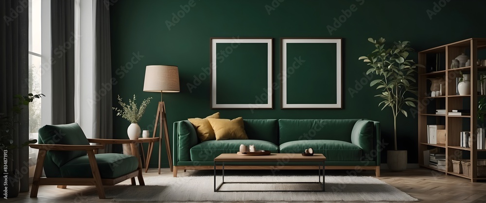 Two frame mockup, in living room on teal green wall ,mockup Two frame mockup, in living room on teal green wall ,mockup