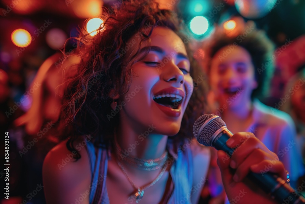 Young woman singing energetically into a microphone, colorful party lights, lively atmosphere Young woman singing energetically into a microphone, colorful party lights, lively atmosphere