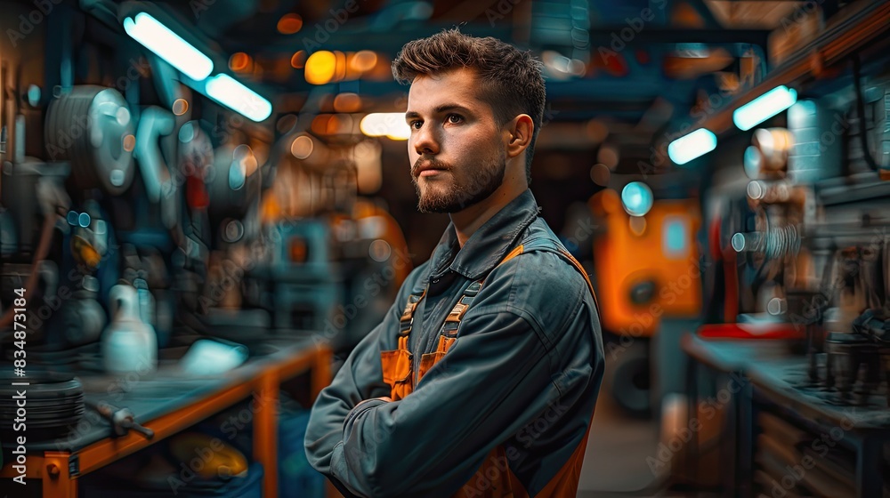 side view close up of a mechanic, in a car repair shop side view close up of a mechanic, in a car repair shop