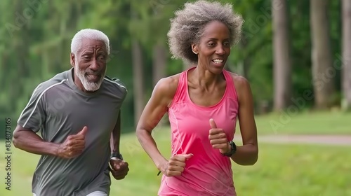 Active Senior African American Couple Jogging in Urban Park, Embracing Cardio Workout on Sunny Morning