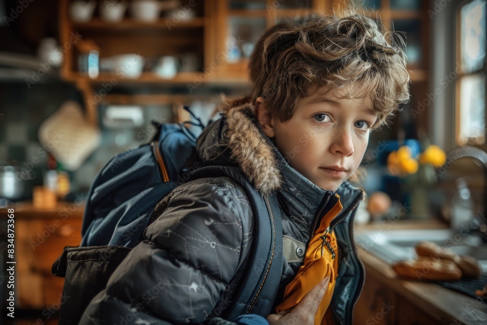 A close-up of a mother zipping up her son's school bag, ensuring everything is secure for the day. The son's face is full of anticipation and readiness. The background features a cozy kitchen with A close-up of a mother zipping up her son's school bag, ensuring everything is secure for the day. The son's face is full of anticipation and readiness. The background features a cozy kitchen with