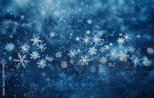 Christmas banner. Beautiful snowflakes falling against dark blue background. Winter time © LiliGraphie
