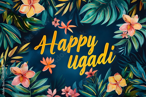 A bright and colorful card with HAPPY UGADI written in text font in bold yellow letters surrounded by bright flowers on a dark blue background. The design reflects elements of Indian culture, photo