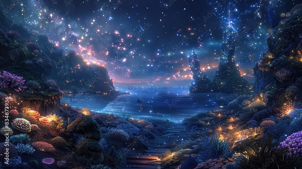 Fantasy night seascape, glowing marine life, starry sky, digital art Fantasy night seascape, glowing marine life, starry sky, digital art