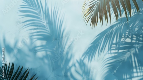 A sky blue wall featuring the faint  diffuse shadows of palm leaves swaying. 