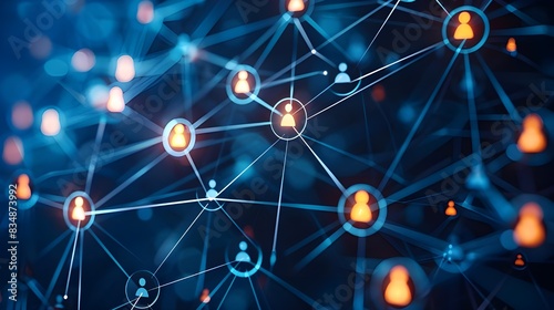 illustration connecting people on the internet, social network connection, glowing connections between people icons on dark blue background. Digital technology and online communication concept