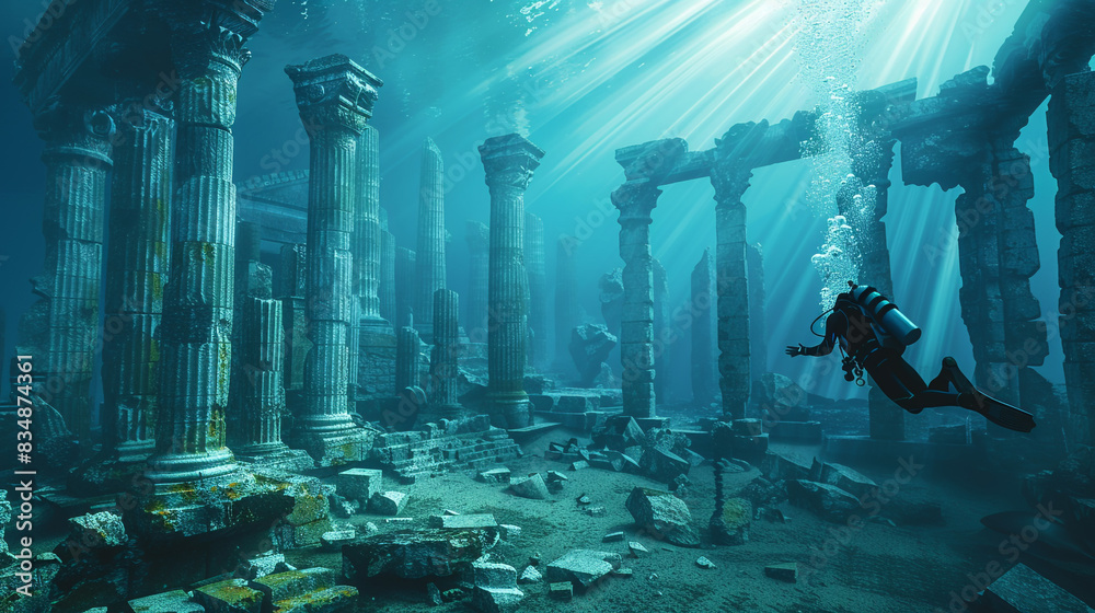scuba diver with underwater historical ruins scuba diver with underwater historical ruins