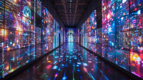 A vast digital cathedral with luminous walls depicts user interactions and network connections like stained glass.