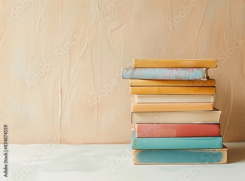 A stack of colorful books on the table in front of a beige wall background