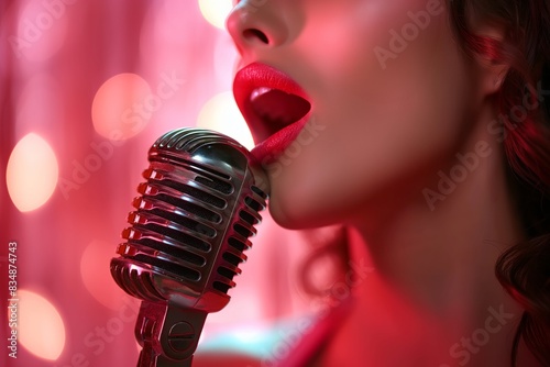 Red lipped singer with vintage microphone in a bokeh lit red background photo