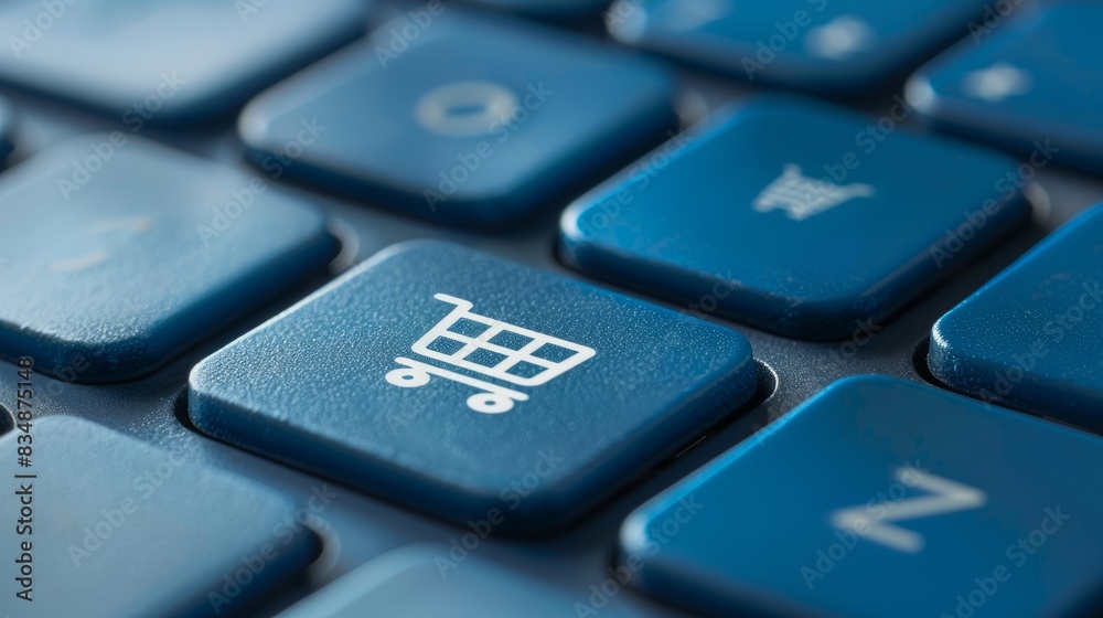 A blue keyboard button with the shopping cart icon A blue keyboard button with the shopping cart icon