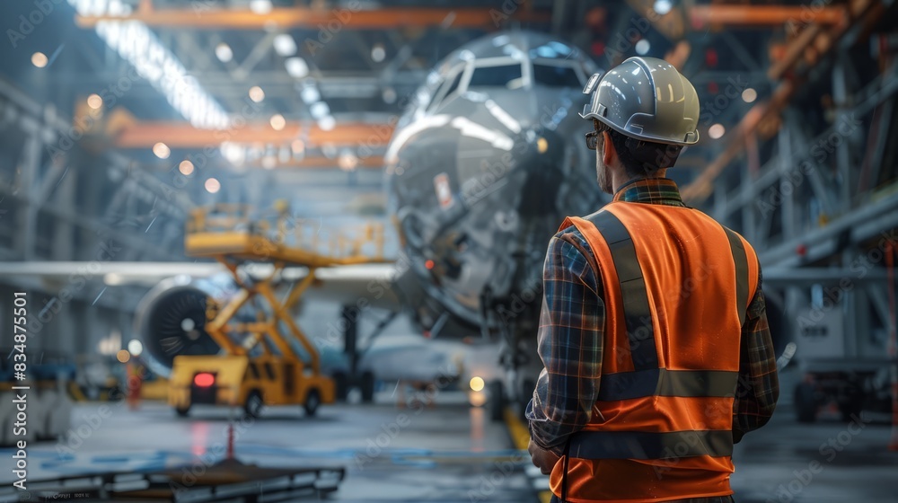 male worker in a safety helmet and vest stands against a large plane male worker in a safety helmet and vest stands against a large plane