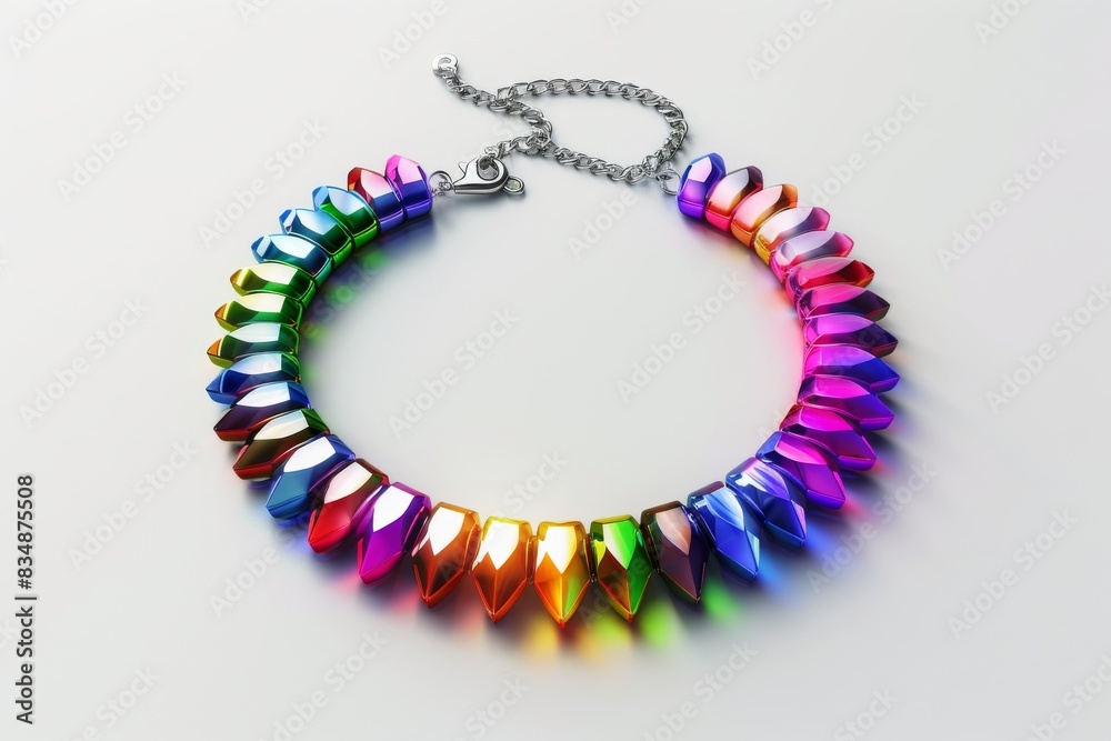 Colorful beaded necklace with metallic finish, featuring a rainbow gradient design that stands out on a clean, white background. Colorful beaded necklace with metallic finish, featuring a rainbow gradient design that stands out on a clean, white background.