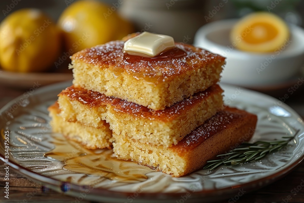 Cornbread - Moist cornbread slices with a pat of butter melting on top.