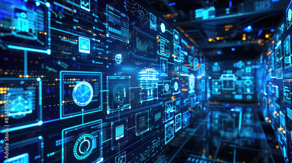 A digital data network interface with glowing blue screens and data visualization