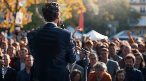 male politician makes a speech into a microphone view from back