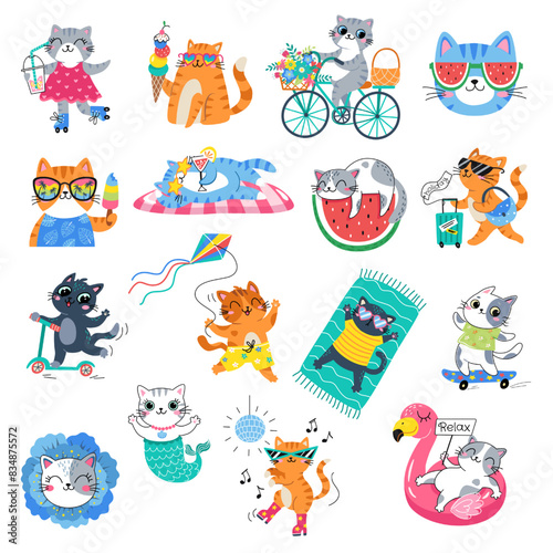 Hello Summer Cat collection. Vector illustration of colorful funny doodle summer cats, isolated on white background.