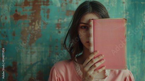 teenage girl holding a closed book in front of her