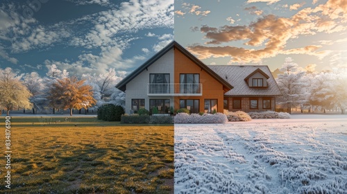 photo of a house divided into two seasons, cold winter and warm summer