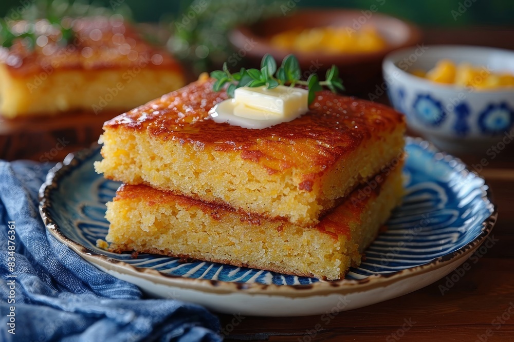 Cornbread - Moist cornbread slices with a pat of butter melting on top. Cornbread - Moist cornbread slices with a pat of butter melting on top.