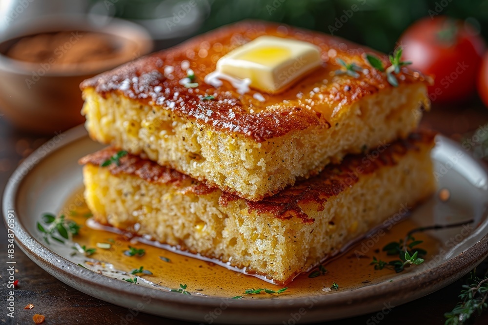 Cornbread - Moist cornbread slices with a pat of butter melting on top. Cornbread - Moist cornbread slices with a pat of butter melting on top.