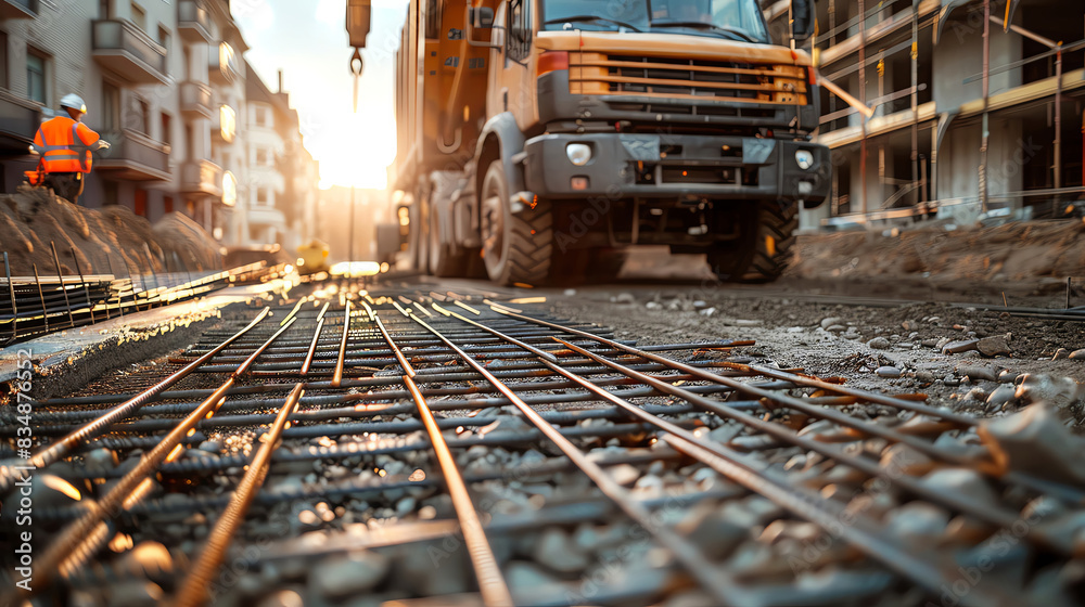 Close up of rebar mesh on a construction site with a truck in the background. The sun is setting in the distance. Close up of rebar mesh on a construction site with a truck in the background. The sun is setting in the distance.