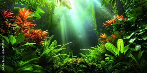 Lush tropical rainforest with vibrant green foliage creating a harmonious symphony of nature. Concept Nature Photography, Rainforest Beauty, Green Foliage, Tropical Paradise, Harmony of Nature