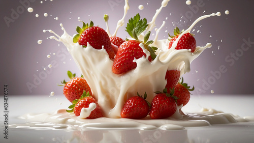 strawberries splashing into milk