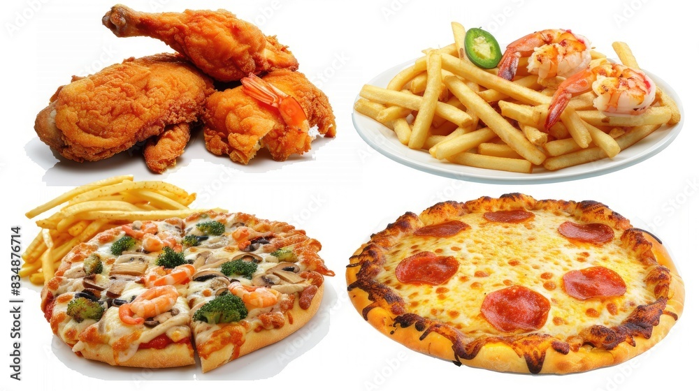 a set of fast food items including French fries, chicken wings, pizza, shrimp pieces, and a hot dog, isolated on a white background.