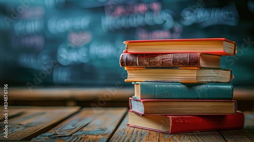 Stack of school textbooks books on a wooden table against the background of a blurred educational chalkboard in classroom