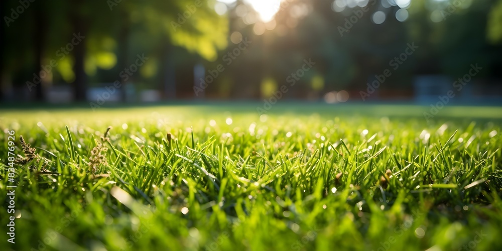 Fototapeta premium Detailed vibrant artwork of wellkept soccer stadium lawn. Concept Soccer stadium, Vibrant artwork, Detailed illustration, Well-kept lawn, Sports design