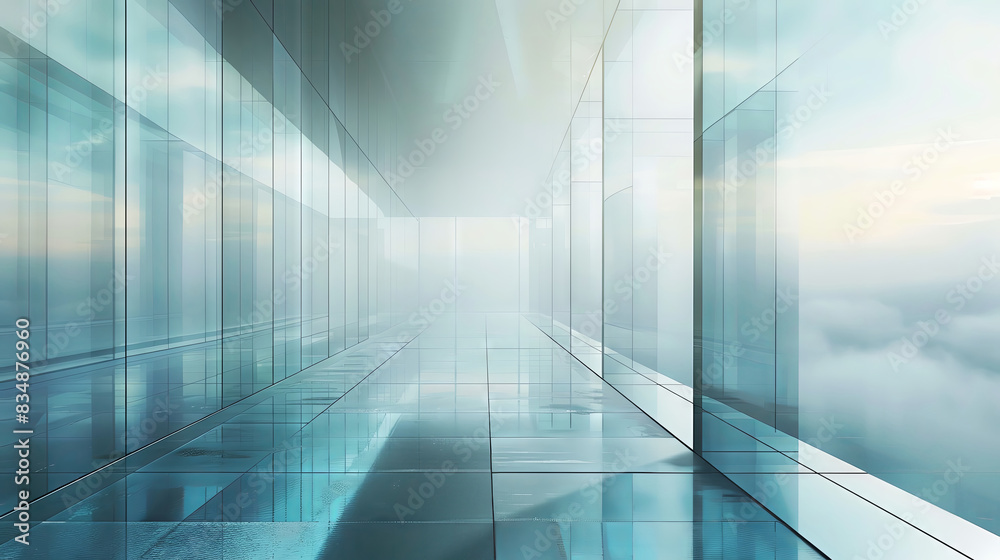 Modern glass hallway with panoramic city views and bright sunlight streaming through windows.