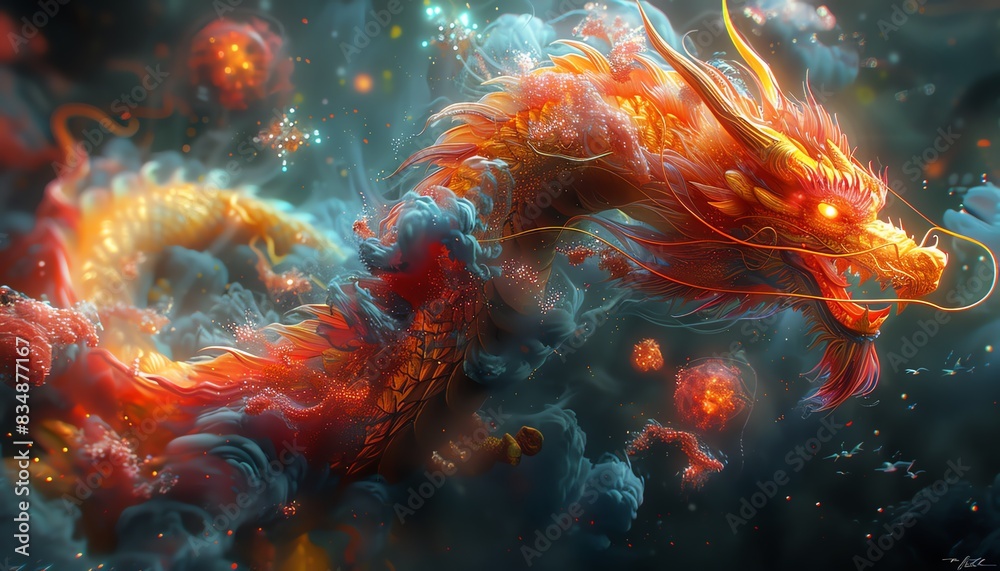 Fiery dragon with swirling smoke and glowing orbs, mystical fantasy artwork Fiery dragon with swirling smoke and glowing orbs, mystical fantasy artwork