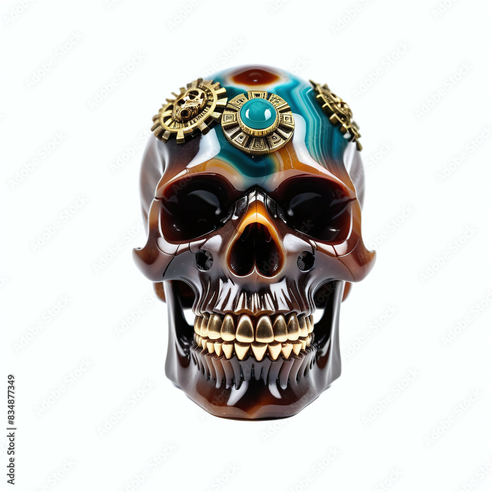 Skull made of agate and metal. Isolated on white background. Digital illustration. Skull made of agate and metal. Isolated on white background. Digital illustration.