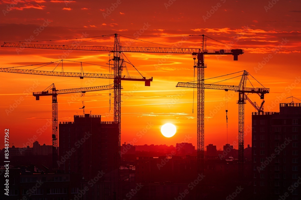Silhouetted cranes in city sunset Silhouetted cranes in city sunset