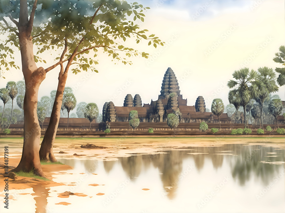 Fototapeta premium Siem Reap Cambodia Country Landscape Watercolor Illustration Art