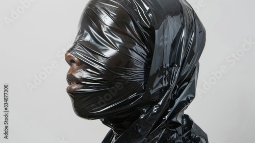 womans head is covered with a tight vacuum black plastic bag photo