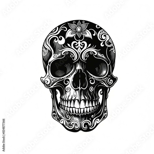 Human head skull. Isolated on white background. Black and white drawing.