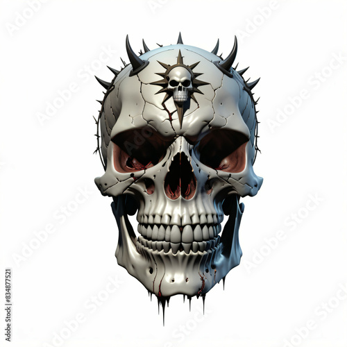 Human head skull. Isolated on white background. Gothic art style, Front view, Digital illustration.