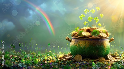 Big pot with gold coins, clover leaves and a rainbow above it. St. Patrick's Day celebration concept