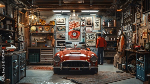 Cozy home garage with classic car parked inside  surrounded by vintage posters  automotive memorabilia on walls.