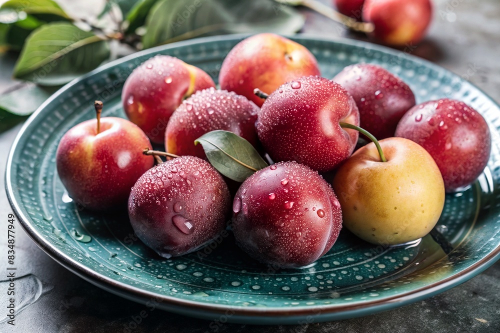 Close-up of fresh plums. Delicious berries and fruits are bright yellow and purple in color with drops of water. Vegetarianism. Healthy eating. Fresh fruits on the table. Close-up of fresh plums. Delicious berries and fruits are bright yellow and purple in color with drops of water. Vegetarianism. Healthy eating. Fresh fruits on the table.