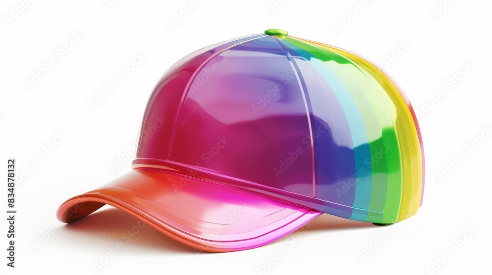 Colorful rainbow baseball cap with a shiny finish, isolated on white background. Vibrant headwear accessory for fun and style. Colorful rainbow baseball cap with a shiny finish, isolated on white background. Vibrant headwear accessory for fun and style.